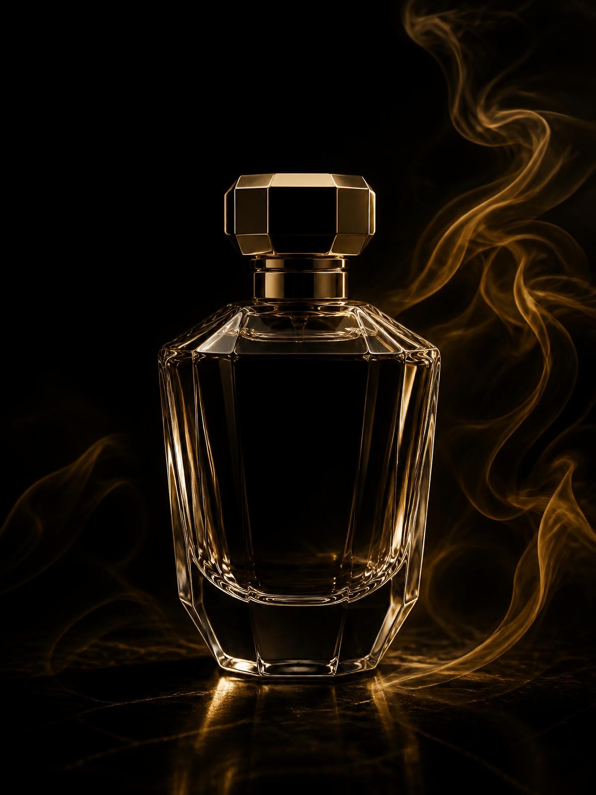 RTYNON™ perfume bottle in warm gold light against matte black